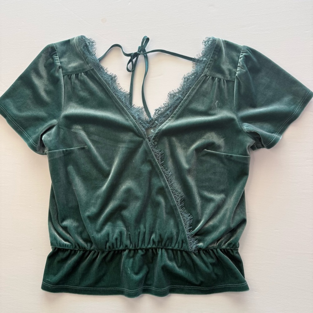 Abercrombie And Fitch Womens Emerald Green Velvet Top With Lace Trim Small - Picture 12 of 12